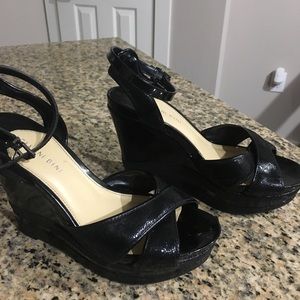 Gianni Bini Black leather strap wedges